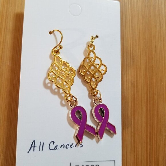 Hand Crafted Cancer Awareness Drop Pierced Earrings Lavender All Cancers - Picture 4 of 7